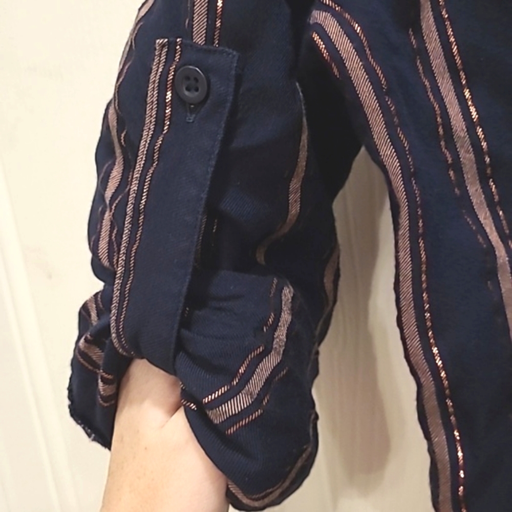 Bella Dahl Cropped Tie Front Button Up Adjustable Sleeve Copper Blouse Sz Med - Picture 7 of 13